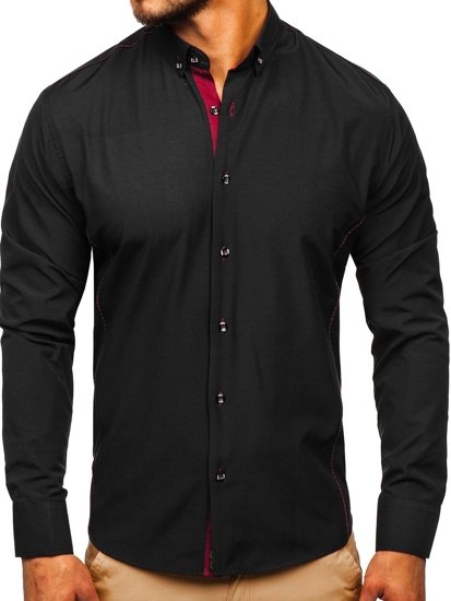 Camisa elegante de manga larga para hombre negro y burdeos Bolf 5722-1
