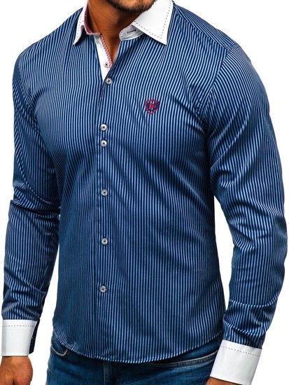 Camisa elegante de rayas de manga larga para hombre azul oscuro Bolf 4784-A