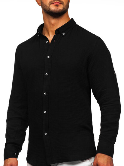 Camisa muselina de manga larga para hombre negro Bolf 22746
