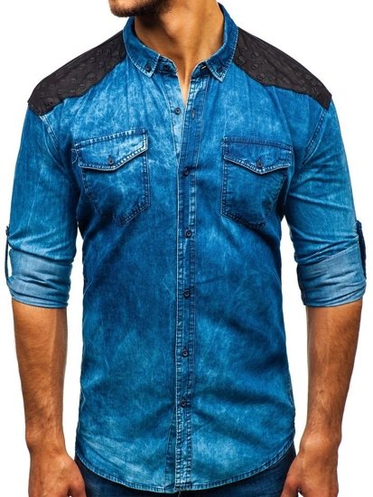 Camisa vaquera estampada de manga larga para hombre azul Bolf 0517