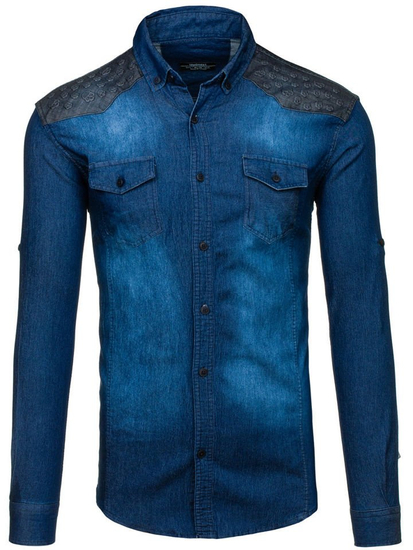 Camisa vaquera estampada de manga larga para hombre azul oscuro Bolf 0517