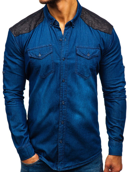 Camisa vaquera estampada de manga larga para hombre azul oscuro Bolf 0517