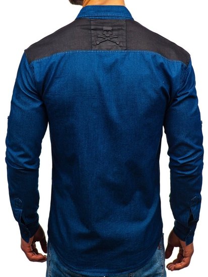 Camisa vaquera estampada de manga larga para hombre azul oscuro Bolf 0517