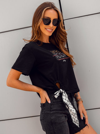 Camiseta de manga corta con lentejuelas y impresión para mujer negro Bolf DT101A