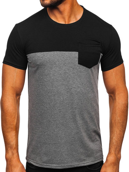 Camiseta de manga corta sin impresión con bolsillo para hombre negro y grafito Bolf 8T91