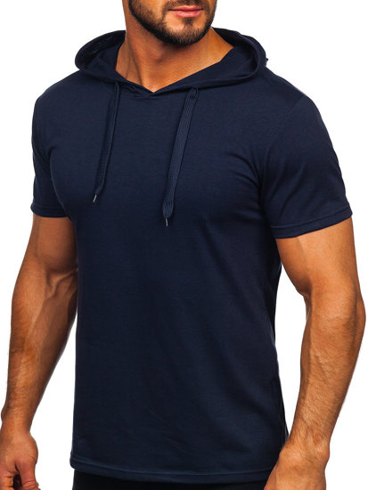 Camiseta de manga corta sin impresión con capucha para hombre azul oscuro Bolf 8T89