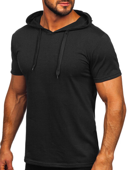 Camiseta de manga corta sin impresión con capucha para hombre negro Bolf 8T89