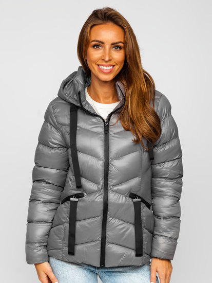 Chaqueta abrochada de invierno con capucha para mujer color gris Bolf 23066