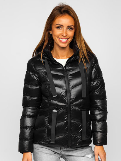 Chaqueta abrochada de invierno con capucha para mujer color negro Bolf 23066