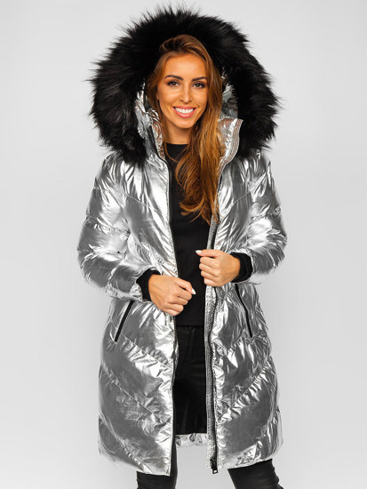 Chaqueta abrochada de invierno con capucha para mujer color plateado Bolf 23069