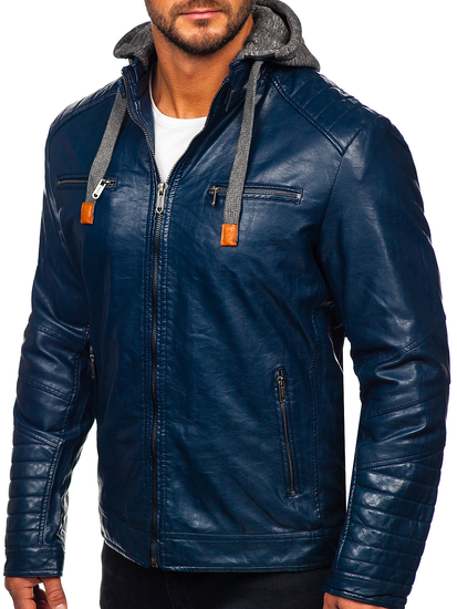 Chaqueta de cuero para hombre azul oscuro Bolf ex702