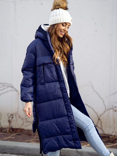 Chaqueta larga de invierno con capucha para mujer azul oscuro Bolf JIN210