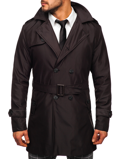 Gabardina cruzada para hombre con cuello alto y cinturón color marrón oscuro Bolf 0001