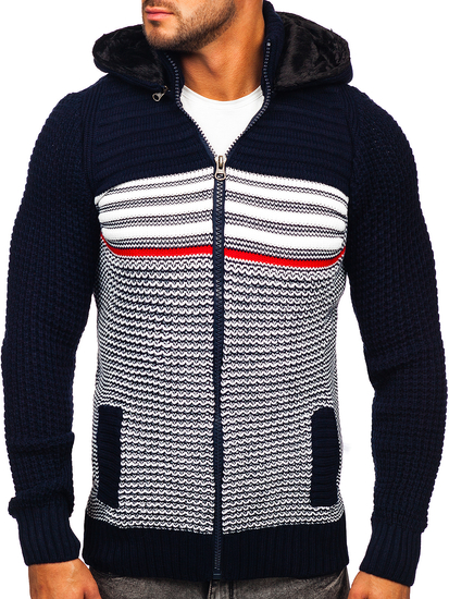 Suéter-chaqueta abierto grueso con capucha para hombre color azul oscuro Bolf 2048