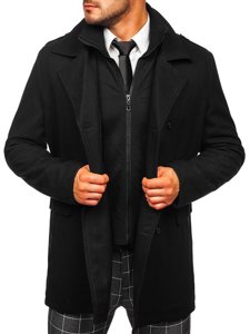 Abrigo de invierno cruzado negro para hombre con cuello alto extraíble adicional Bolf 8805