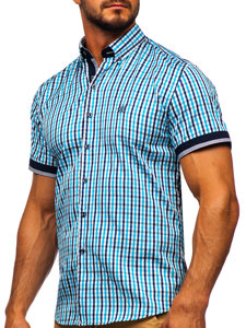 Camisa a cuadros de manga corta para hombre turquesa Bolf 4510