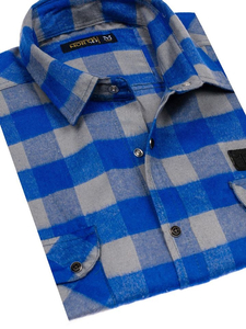 Camisa de flanela de manga larga para hombre azul y gris Bolf 2503