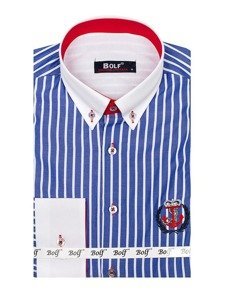 Camisa de rayas de manga larga para hombre azul Bolf 1771
