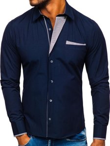 Camisa elegante de manga larga azul oscuro para hombre Bolf 4713