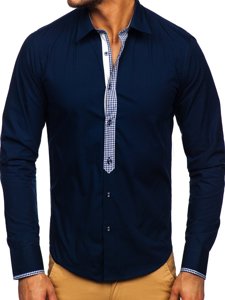 Camisa elegante de manga larga para hombre azul oscuro Bolf 6873