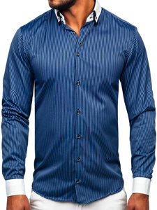 Camisa elegante de rayas de manga larga para hombre azul oscuro Bolf 0909