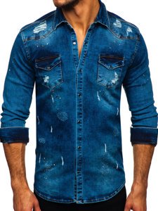 Camisa vaquera a manga larga para hombre color azul oscuro Bolf R800