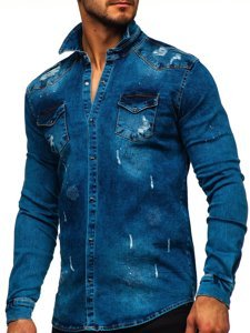 Camisa vaquera a manga larga para hombre color azul oscuro Bolf R800